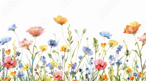 Colorful field of flowers painted in watercolors, perfect for nature-themed designs © Fotograf