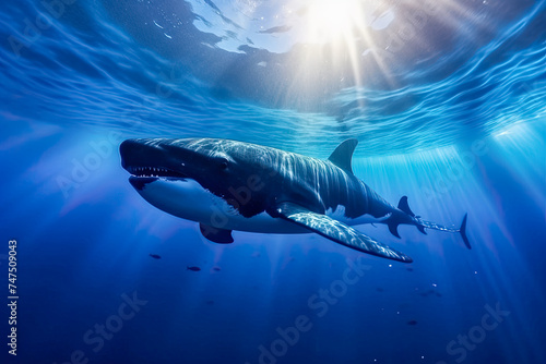Grosser Haifisch schwimmt im Meer, Unterwasser, Generative AI © pwmotion