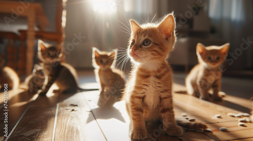 Kittens playing in a warm sunlit room - Playful kittens engaged in fun games around a sunny room with scattered pebbles, depicting innocence photo