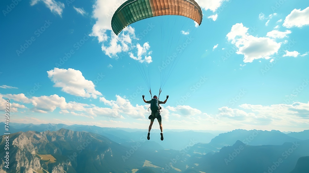 Man Flying Through Air Riding Parachute. Generative AI.