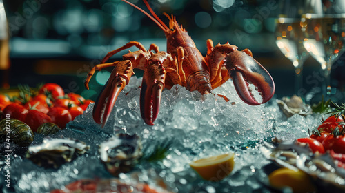 Luxurious lobster seafood setup with ice - An opulent and vibrant display of fresh lobster and seafood on ice, with a rich backdrop and elegant styling