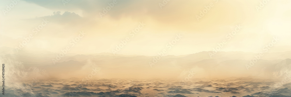 Misty golden mountains under clouded sky - A serene panoramic landscape with golden hues reflecting off misty mountains, invoking a sense of tranquility and mystery