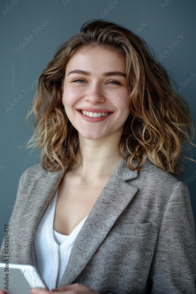 A smiling woman holding a tablet computer. Suitable for technology and communication concepts A smiling woman holding a tablet computer. Suitable for technology and communication concepts