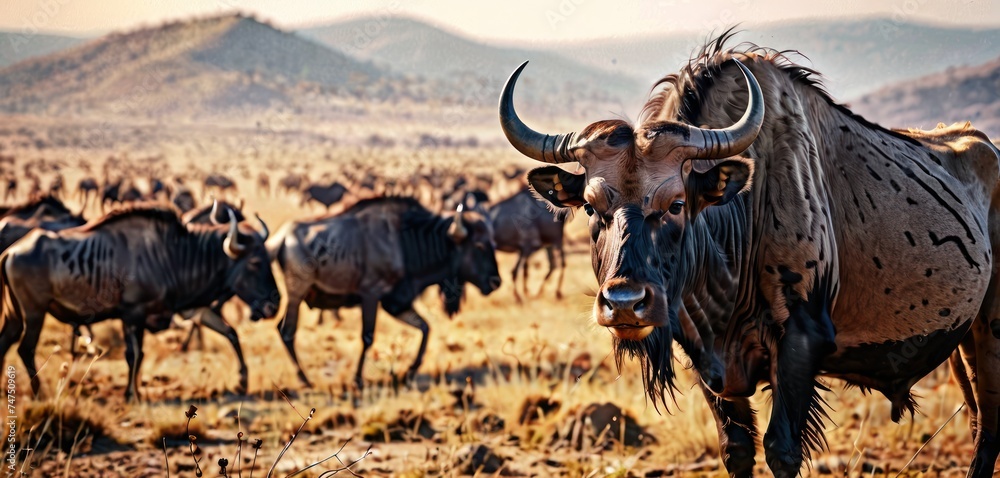 a large herd of wildebeest walking across a dry grass covered field in front of a mountain range in the distance.
