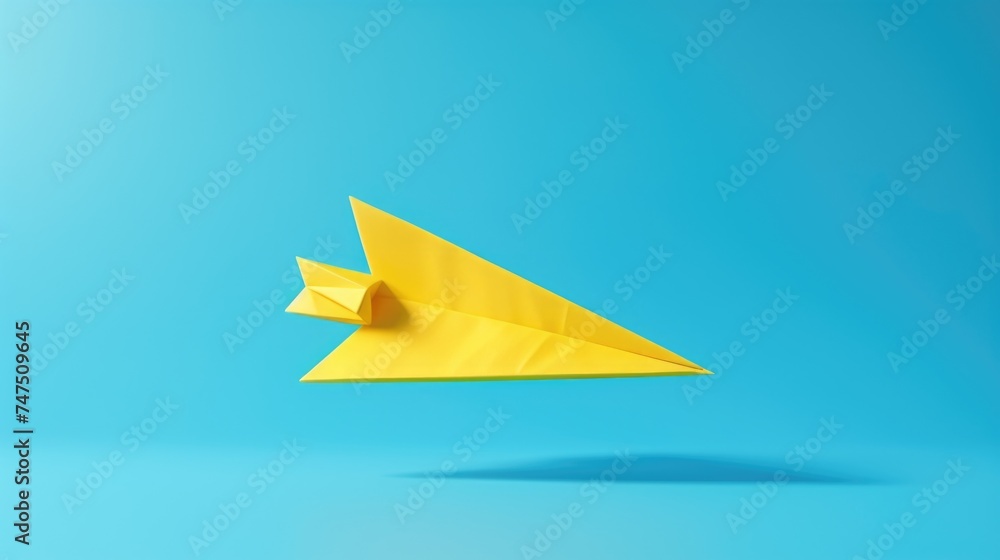 A yellow paper airplane flying through the air. Suitable for various concepts and designs A yellow paper airplane flying through the air. Suitable for various concepts and designs