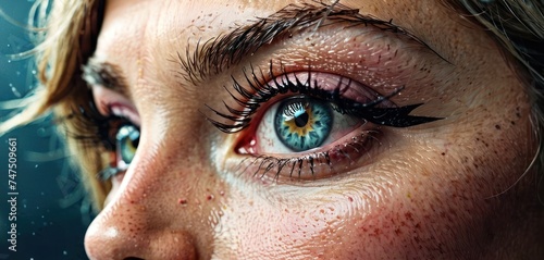 a close - up of a woman's blue eye with long black eyelashes and freckles on her eyelashes.