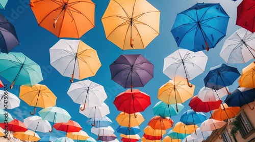 Colorful umbrellas hanging from the ceiling, suitable for interior decoration