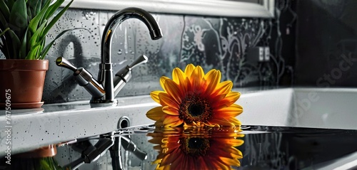 a sunflower sitting on top of a kitchen counter next to a faucet and a potted plant. photo