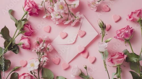 Pink envelope surrounded by flowers and hearts, perfect for romantic occasions © Fotograf