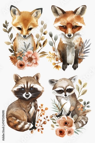 A set of four charming watercolor illustrations of foxes and raccoons. Perfect for children's books or nature-themed designs