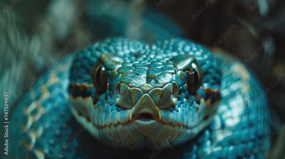 Fototapeta premium Detailed close-up of a blue snake's head. Ideal for educational materials or wildlife publications