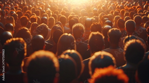 A large group of people standing in front of a bright light. Suitable for various concepts and ideas photo