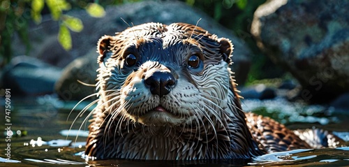 a close up of a wet otter in a body of water with rocks in the back ground and trees in the background. photo