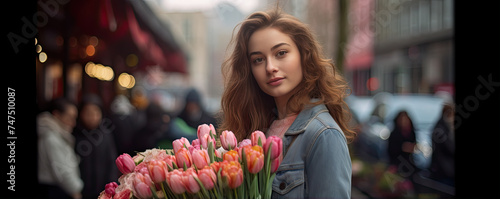 Beautiful woman with tulips bouquet on the city street background.