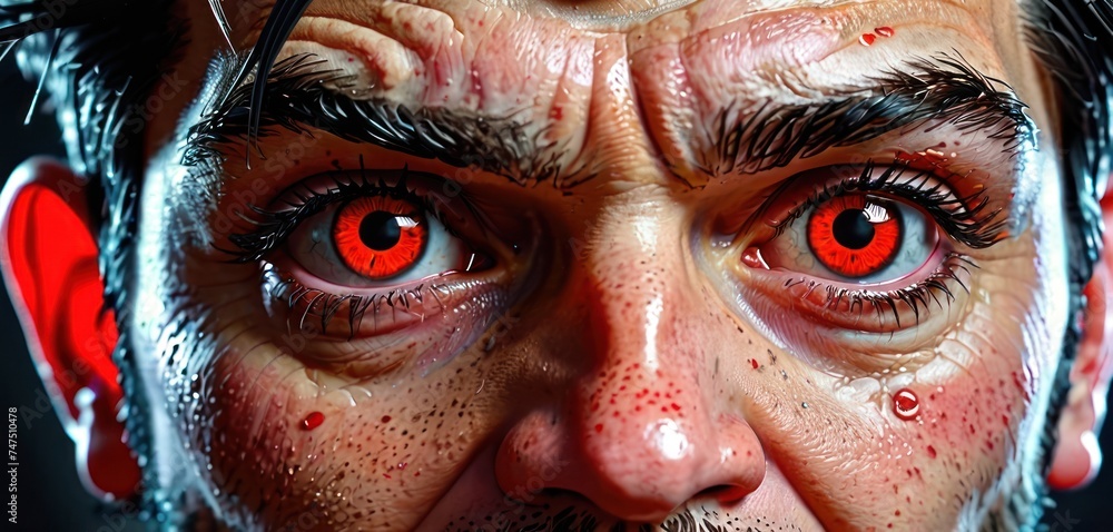 a close up of a man's face with red eyes and a goatee on top of his head.