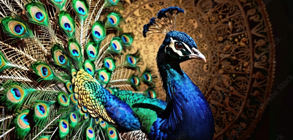 Fototapeta premium a peacock with feathers spread out in front of a gold background with a circular design in the middle of the image.