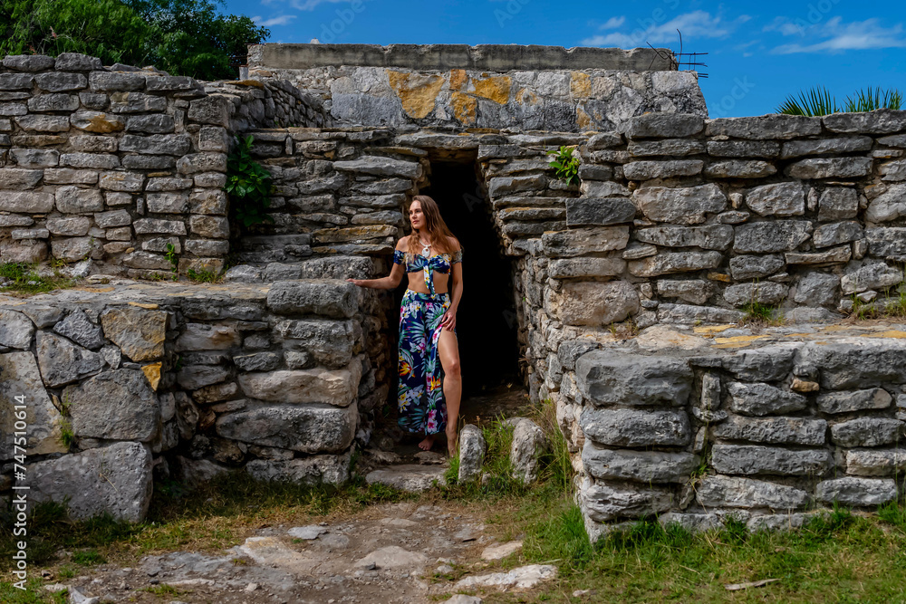 Ethereal Journey: A Young Beauty's Sojourn through Xcambo Mayan Ruins in Telchec, Yucatan, Amidst a Caribbean Oasis