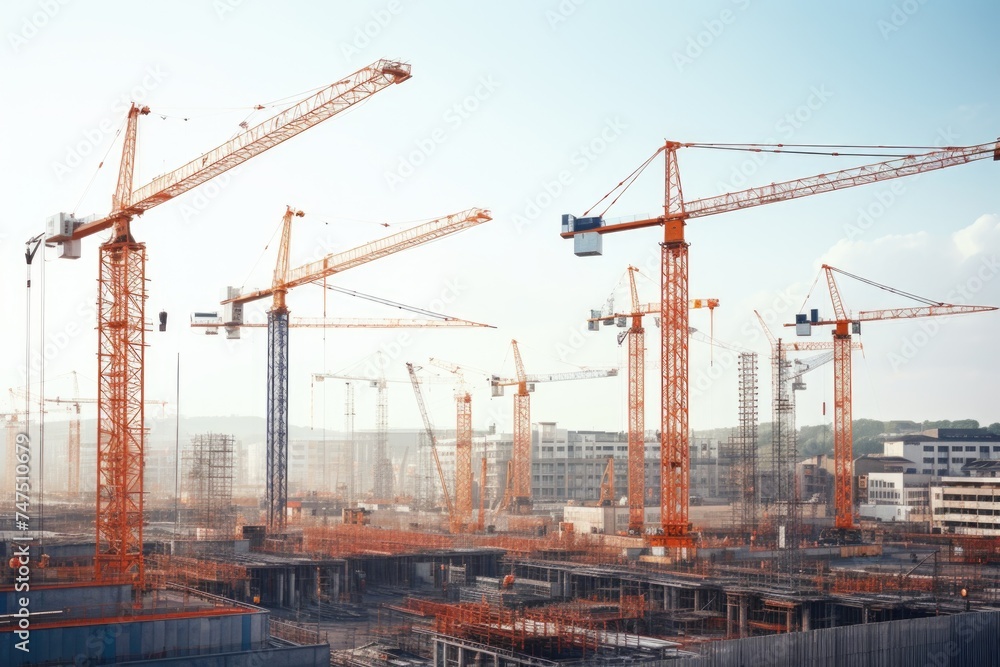 Busy construction site with multiple cranes. Suitable for construction industry concepts