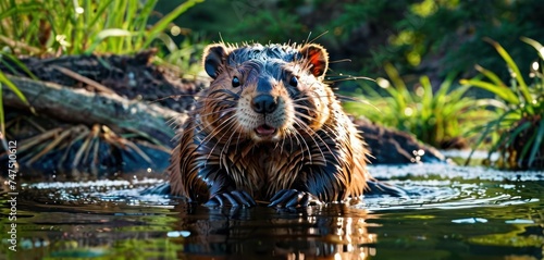 a close up of a wet groundhog in a body of water with plants in the background and grass in the foreground. photo