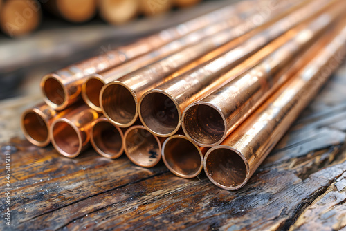 Pile of copper pipes on wooden table. Selective focus
