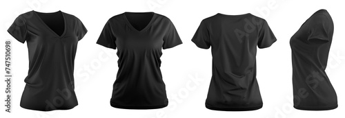 Set of woman black tee t shirt v-neck slim cut, front back and side view on transparent background cutout, PNG file. Mockup template for artwork graphic design. 
