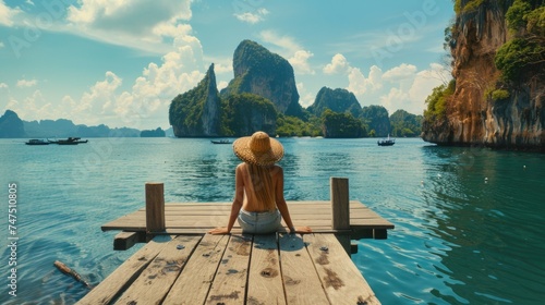 A woman sitting on a dock looking out at the water. Suitable for travel and relaxation themes © Fotograf
