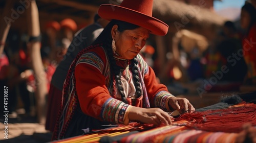 A woman in a red hat working on a weaving machine. Suitable for textile industry concepts