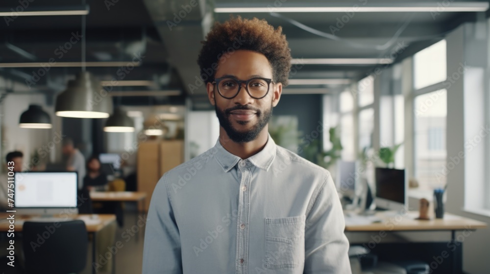 Fototapeta premium A man with glasses standing in an office. Ideal for business and corporate concepts