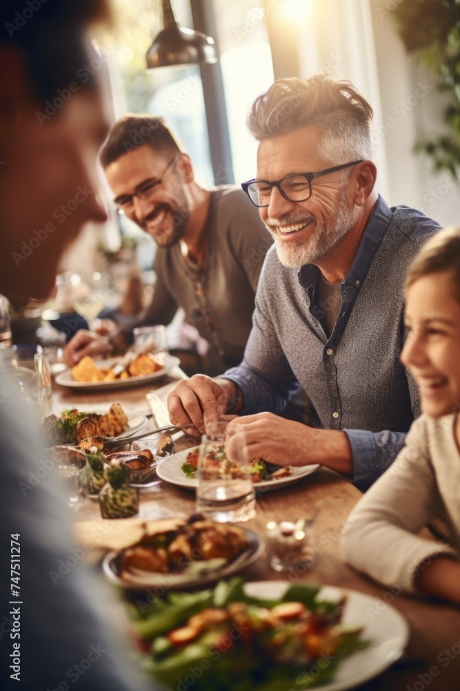 Group of people sitting at a table with plates of food. Ideal for restaurant or family meal concepts