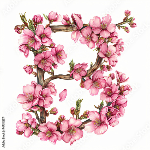 Beautiful blooming pink cherry blossoms arranged in a shape of B