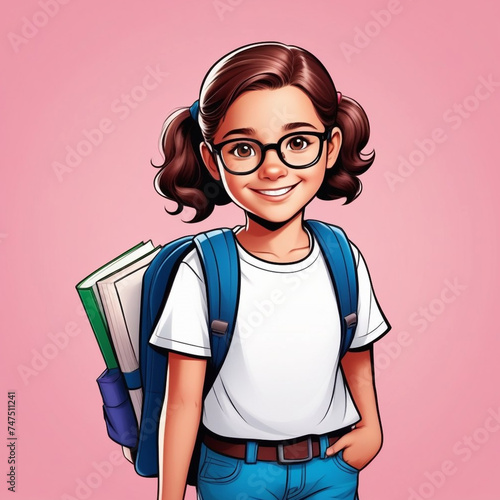 Little girl 10 years old in glasses holding books with backpack on pale pink background.