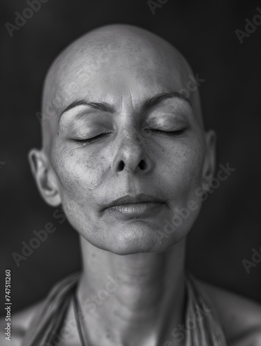 Retrato de Mujer Calva en Blanco y Negro, con ojos cerrados y expresión serena