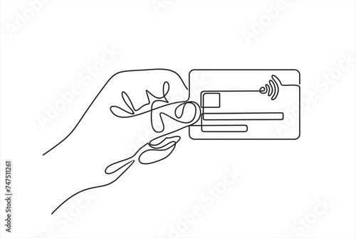 Continuous one line drawing of hand holding credit card. Contactless bank card in hand.
