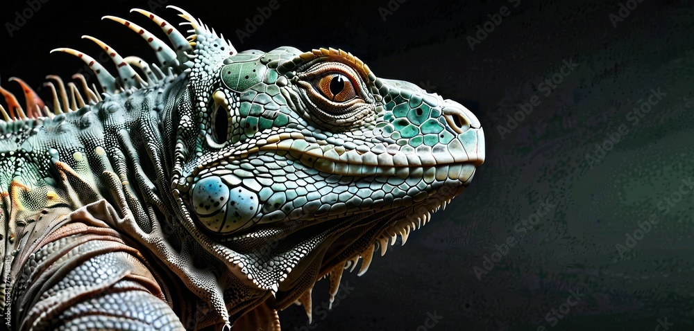 Fototapeta premium a close up of an iguana on a black background with a blurry image of the lizard's head.