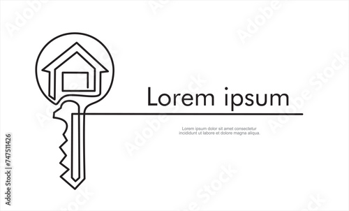 Single continuous line drawing black flat style key and house icon shape. Elegant key house logo design, real estate logo icon symbol design vector template. One line draw graphic design illustration