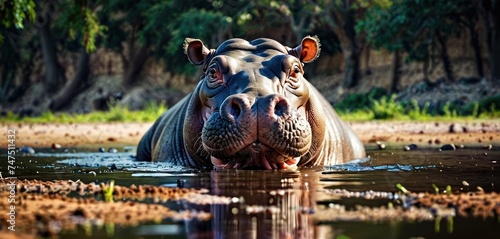 a close up of a hippopotamus in a body of water with trees and grass in the background. © Albert