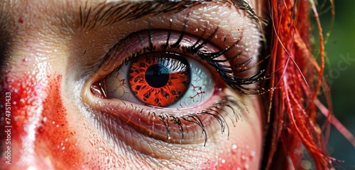 a close up of a person's eye with a red and black pattern on the outside of the eye. photo