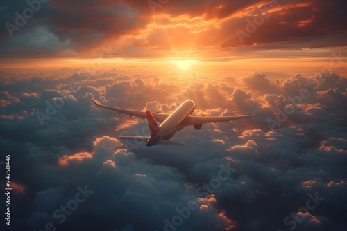 A passenger airplane glides through a breathtaking sunset sky, with hues of orange and red illuminating the clouds around it. The scene evokes the peacefulness of high-altitude travel.