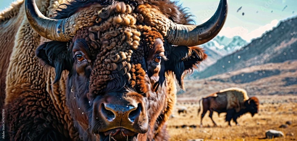 a herd of buffalo standing on top of a dry grass covered field in front of a mountain covered in birds. a herd of buffalo standing on top of a dry grass covered field in front of a mountain covered in birds.