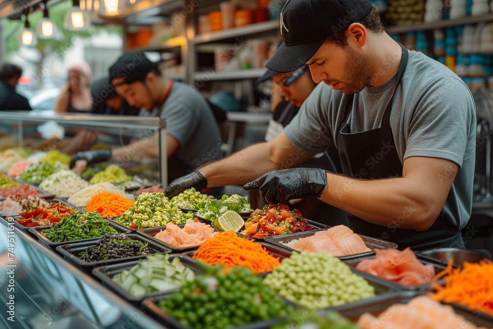 A focused chef in a casual grey shirt and black apron prepares poke bowls, arranging an array of fresh ingredients. 