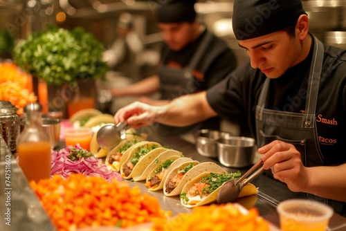 A meticulous chef in a sleek black uniform garnishes tacos with fresh herbs in a trendy urban restaurant. The vibrant colors of the ingredients add to the lively atmosphere of the bustling kitchen.