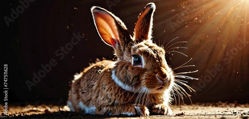 a brown and white rabbit sitting on top of a floor next to a light shining down on it's head. © Albert