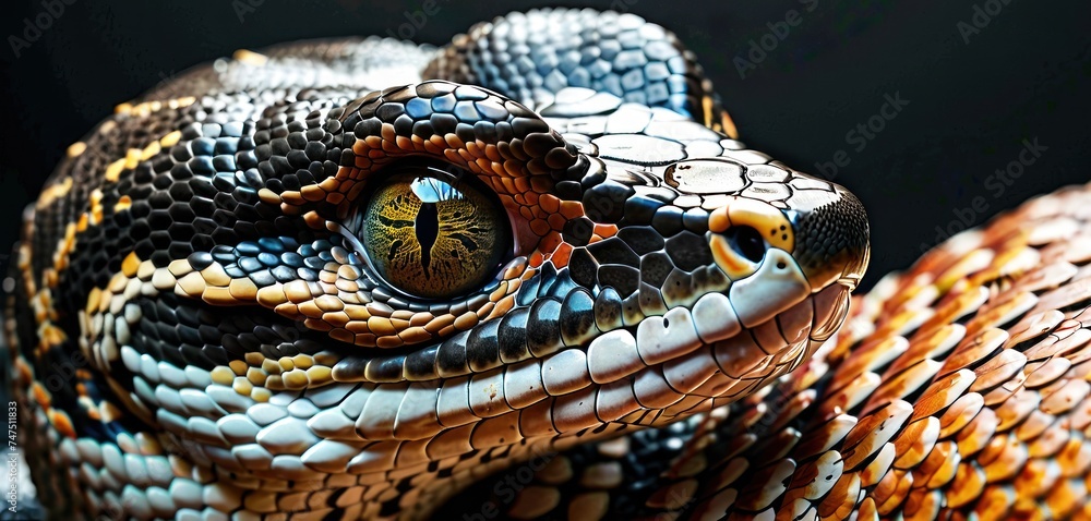 Fototapeta premium a close up of a snake's eye and it's skin is orange, yellow, and black.
