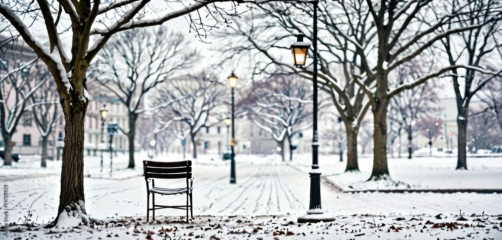a park bench sitting in the middle of a snow covered park with a lamp post in the middle of the park.
