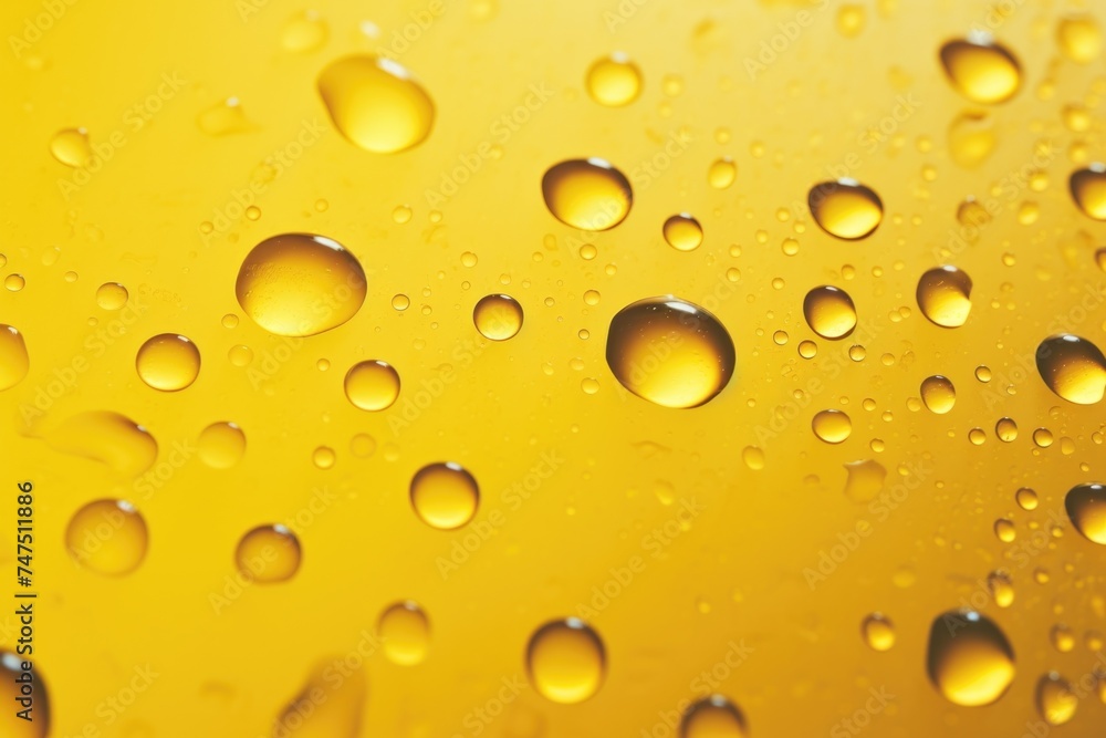 Close up of water droplets on a yellow surface. Perfect for nature backgrounds