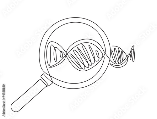 DNA analysis. One continuous line drawing of DNA and Magnifying glass. Can used for logo, emblem, slide show and banner. Illustration with quote template. 