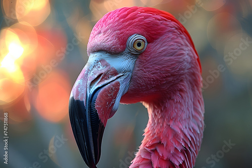 Close up of the head of a pink flamingo