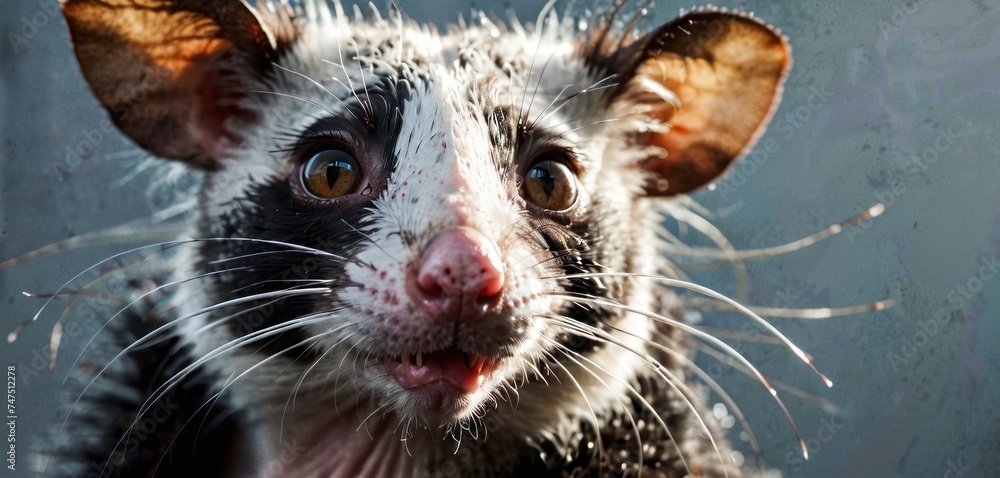 a close up of a black and white rat looking at the camera with a surprised look on it's face. a close up of a black and white rat looking at the camera with a surprised look on it's face.