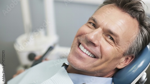smiling middle-aged handsome man in dentist chair is having checkup in dental clinic 