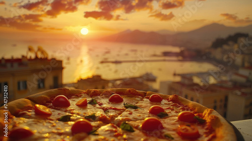 Pizza with scenic Italian sunset backdrop - Delicious Italian pizza overlooks a majestic Neapolitan sunset with Vesuvius in the backdrop for a taste of Italy photo